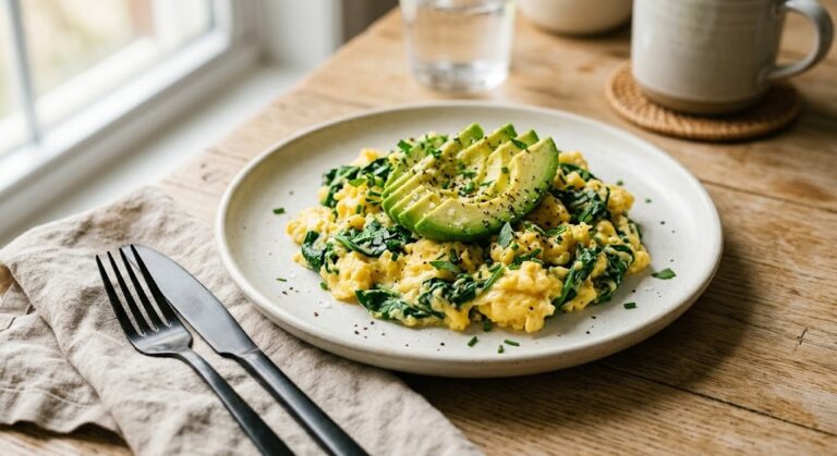 Spinach and avocado scrambled eggs, a high protein PCOS meal for breakfast