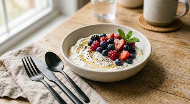 Greek yogurt berry chia bowl, a fiber-rich PCOS friendly breakfast