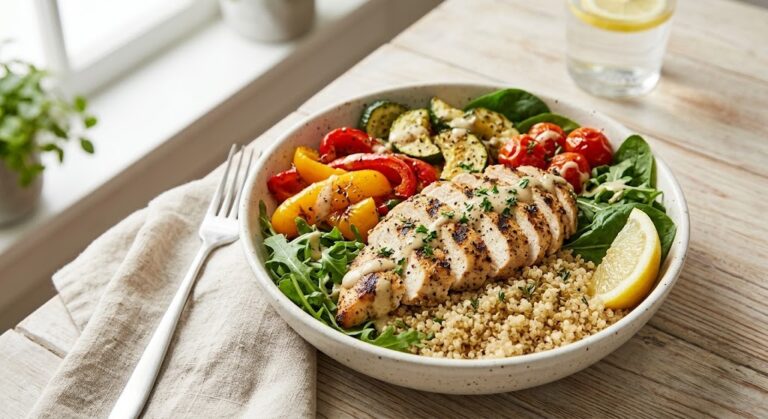 Quinoa and grilled chicken power bowl, a balanced PCOS meal for lunch
