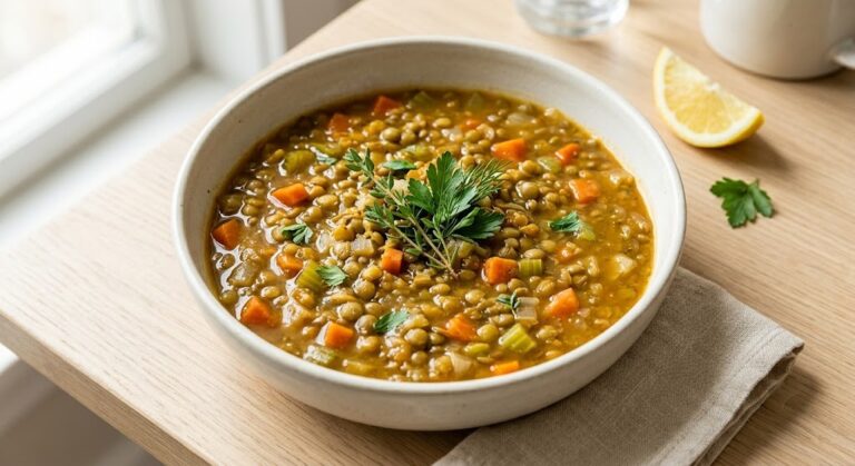 Lentil and vegetable soup, a high fiber PCOS meal for dinner