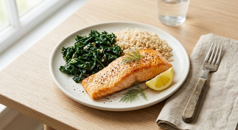 Baked salmon with sauteed greens and brown rice, a hormone friendly PCOS dinner