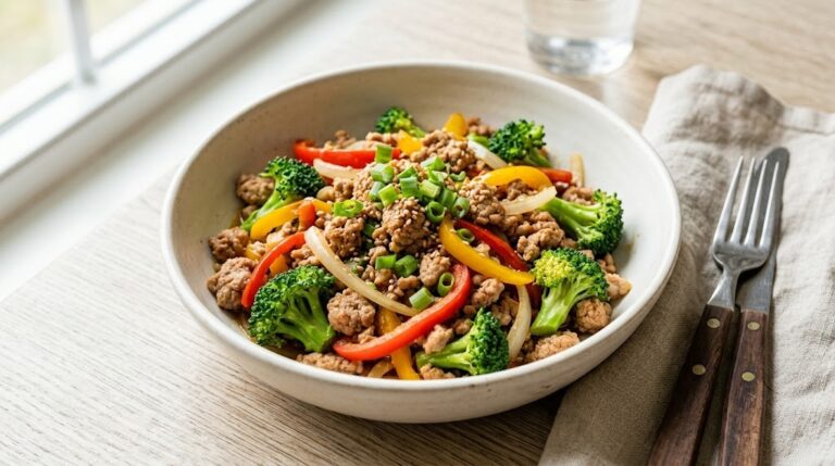 Ground turkey and vegetable stir fry, a low glycemic PCOS meal idea