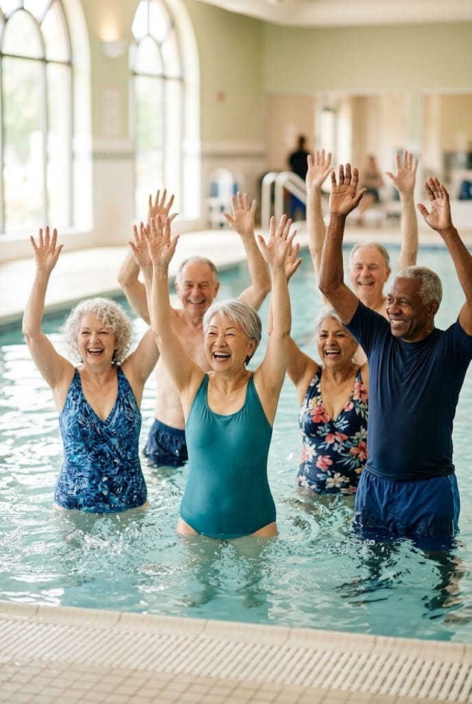 Group of seniors doing water aerobics in a pool, a gentle low impact cardio exercise for older adults with joint pain