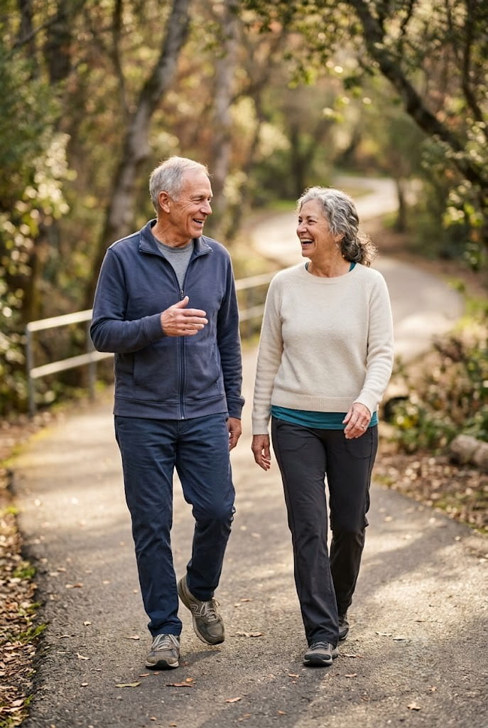 Active senior couple walking briskly outdoors in a park, genuine smiles, soft morning light