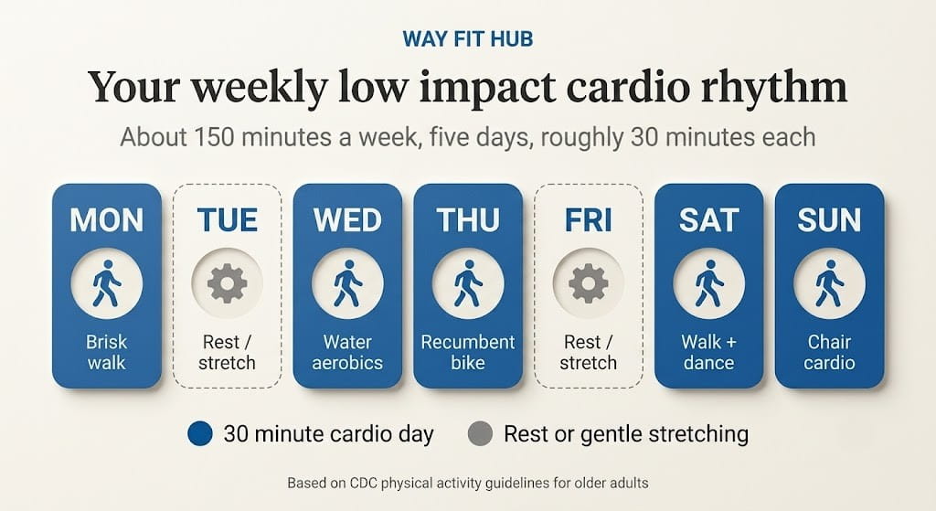 Weekly calendar showing five days of low impact cardio exercises for seniors, including walking, water aerobics, and cycling