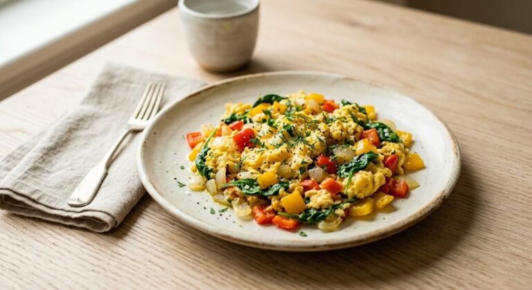 Olive oil veggie scramble, a high protein breakfast for an insulin resistance meal plan
