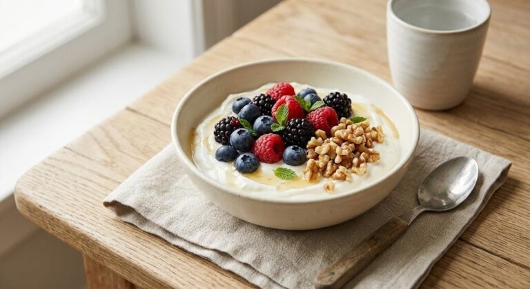 Greek yogurt walnut berry bowl, a fiber-rich breakfast for insulin resistance