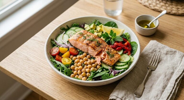 Salmon and chickpea salad, a blood sugar friendly lunch for insulin resistance
