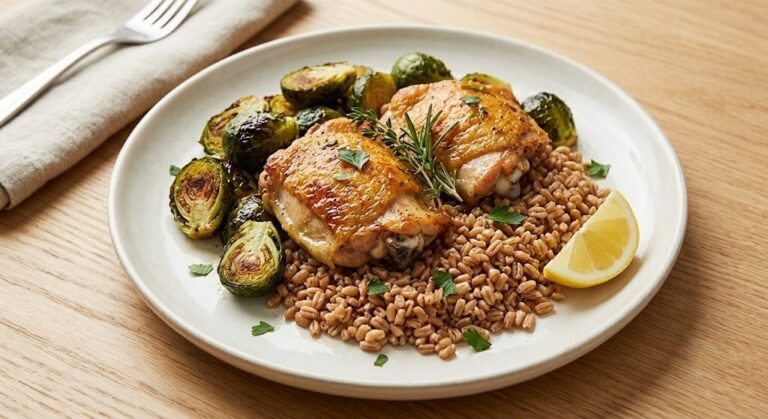 Sheet pan chicken thighs with brussels sprouts and farro, insulin resistance dinner idea