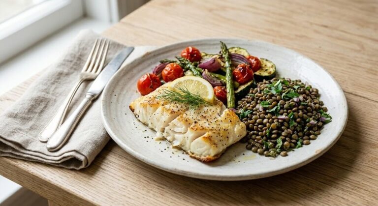 Baked cod with roasted vegetables and lentils, a low glycemic dinner for insulin resistance
