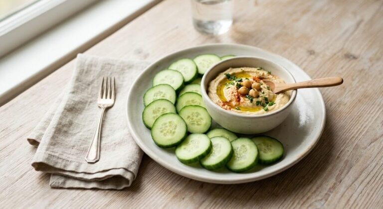 Cucumber slices with hummus, a low carb snack for an insulin resistance meal plan