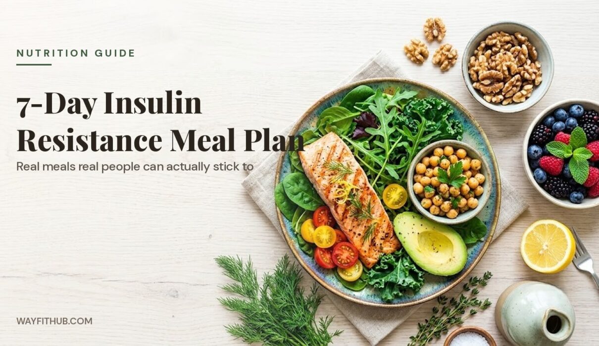 7-day insulin resistance meal plan featuring grilled salmon, chickpeas, avocado, and mixed greens on a plate