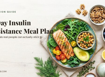 7-day insulin resistance meal plan featuring grilled salmon, chickpeas, avocado, and mixed greens on a plate