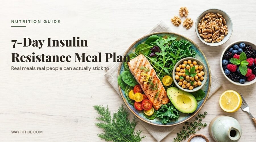 7-day insulin resistance meal plan featuring grilled salmon, chickpeas, avocado, and mixed greens on a plate