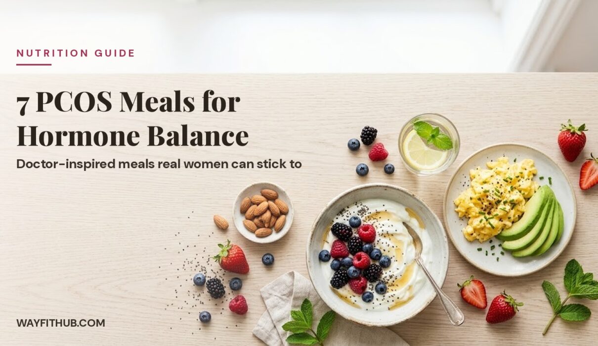 7 PCOS meals featuring Greek yogurt berry bowl and avocado scrambled eggs