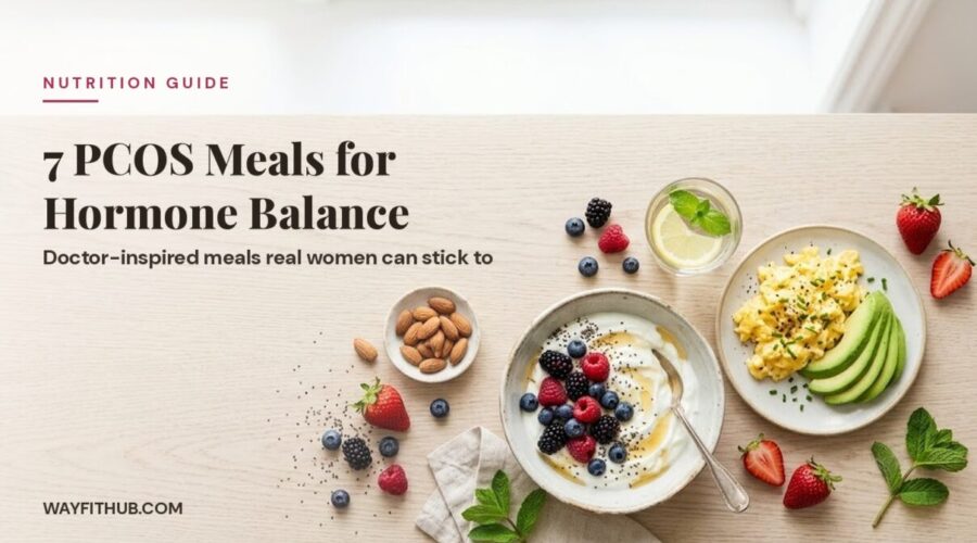 7 PCOS meals featuring Greek yogurt berry bowl and avocado scrambled eggs