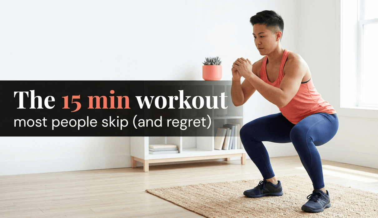 person doing a bodyweight squat in a sunlit living room during a weekend workout