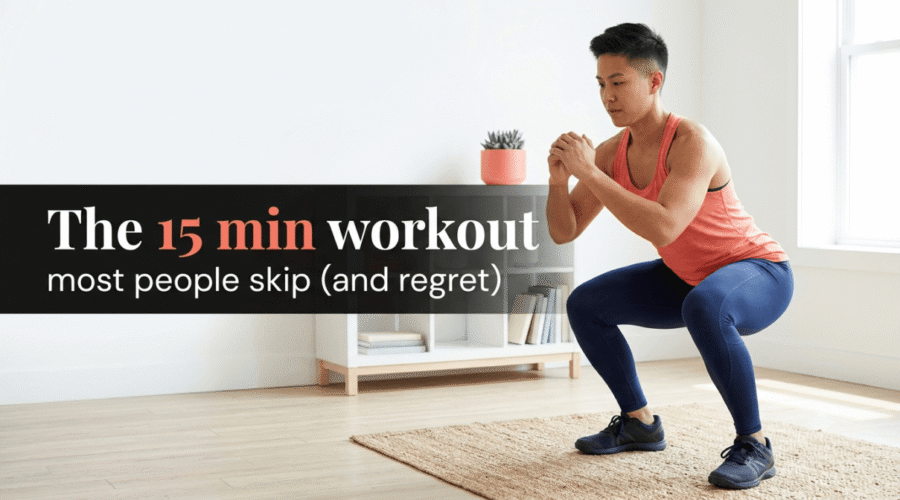 person doing a bodyweight squat in a sunlit living room during a weekend workout