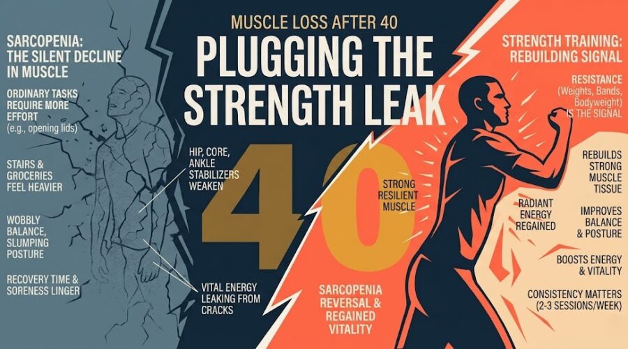 A split graphic showing how to identify muscle loss symptoms and reverse them with strength training.