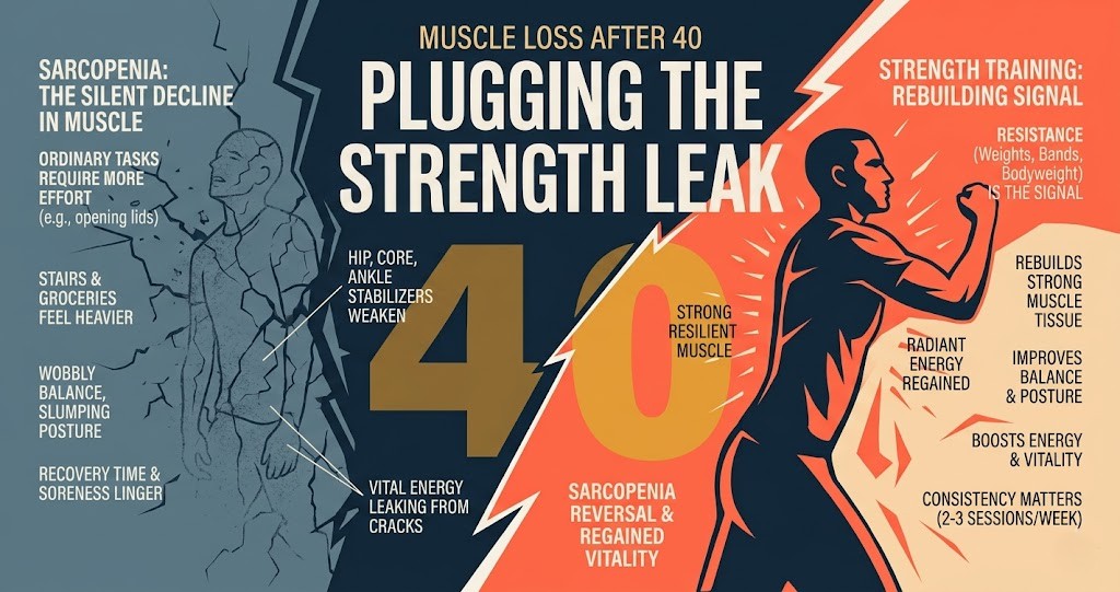 A split graphic showing how to identify muscle loss symptoms and reverse them with strength training.