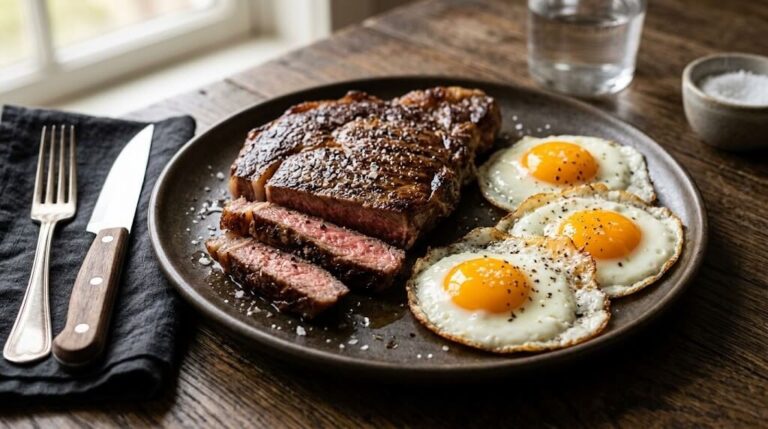 steak and eggs breakfast plate