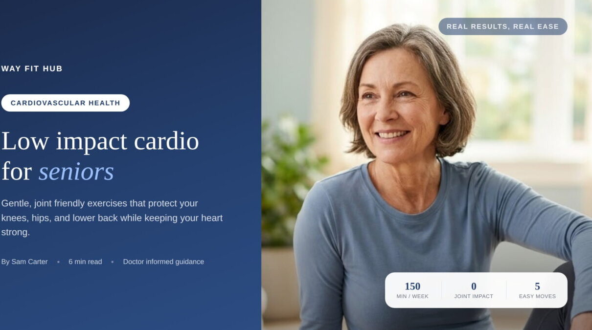 Smiling senior woman sitting with a yoga mat and water bottle, representing low impact cardio exercises for seniors