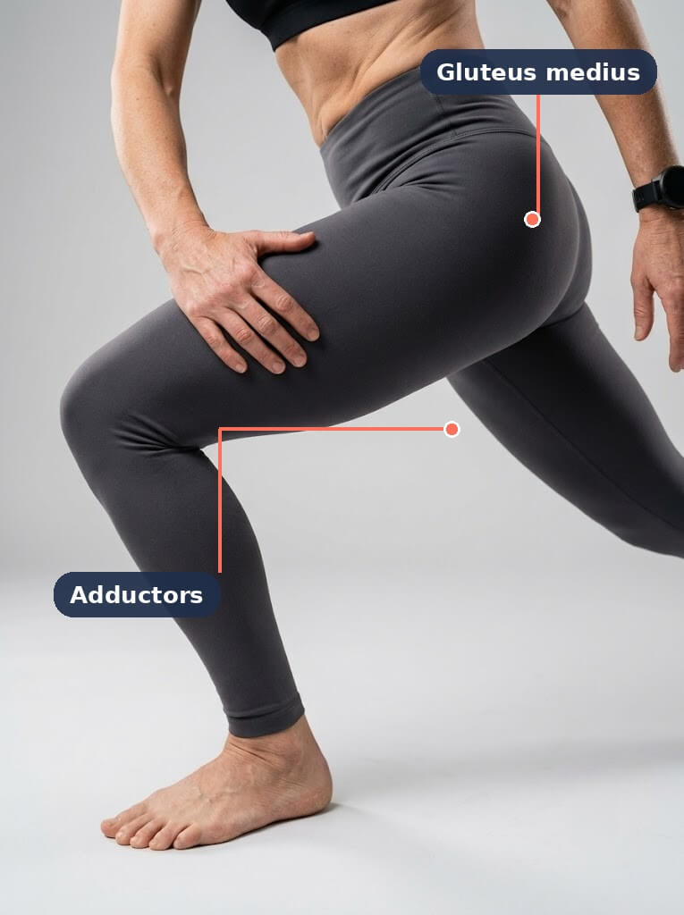 Inner thigh and outer hip muscle groups engaged during a side lunge