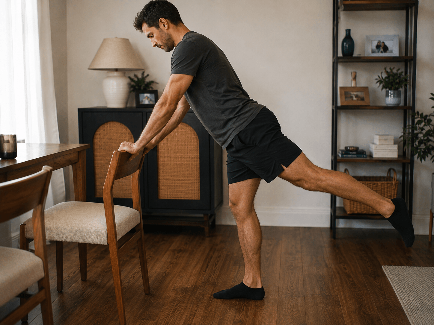 Man doing a barre pulse exercise using a chair at home