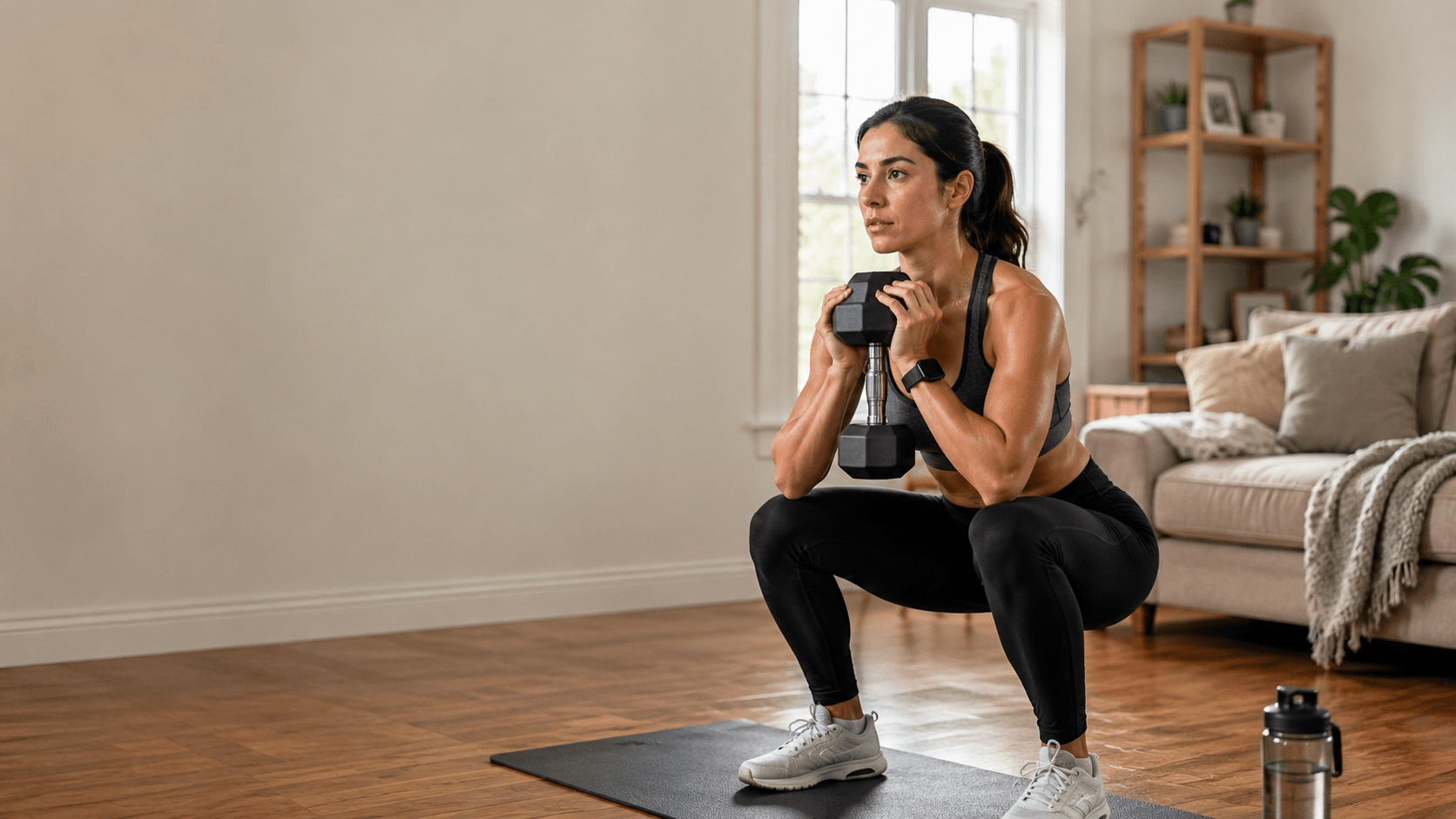 : Woman performing a dumbbell goblet squat as part of a focused 20 minute strength session at home