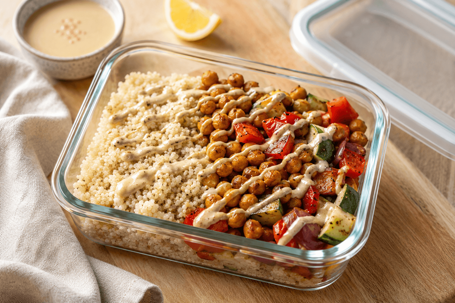 the Sunday reset chickpea and quinoa bowl in a glass meal prep container with tahini sauce
