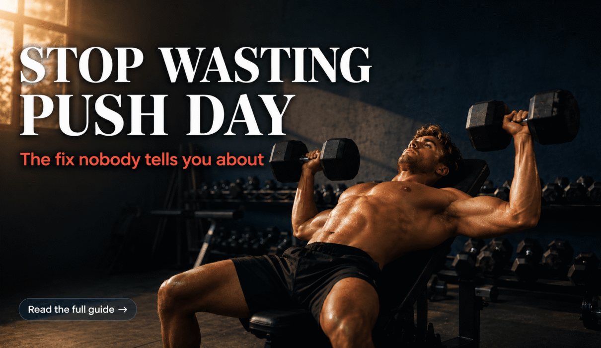 Push day workout: muscular athlete performing a dumbbell bench press in a gym, targeting chest, shoulders and triceps