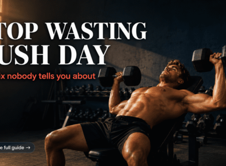 Push day workout: muscular athlete performing a dumbbell bench press in a gym, targeting chest, shoulders and triceps