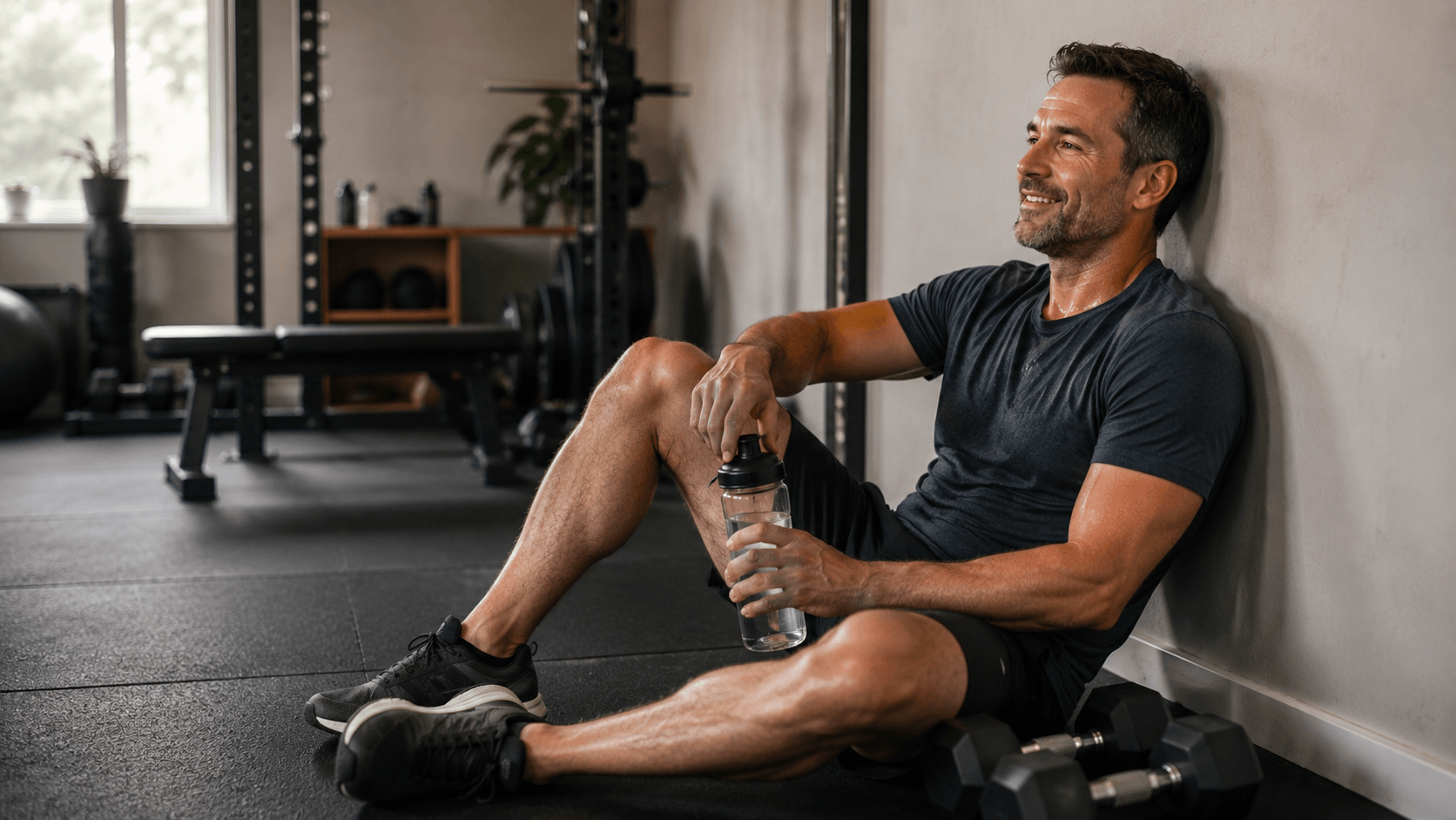 Person smiling while racking dumbbells after finishing a strength workout, visible sense of accomplishment