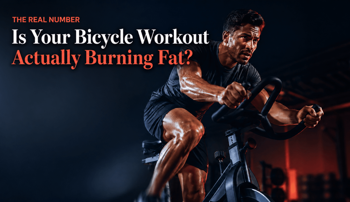 Cyclist doing an intense bicycle workout for weight loss on a stationary bike in a home gym
