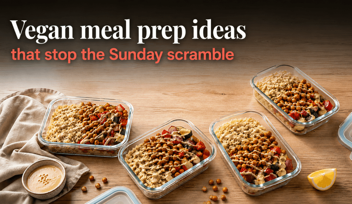 vegan meal prep ideas in glass containers with quinoa, roasted chickpeas, and tahini sauce