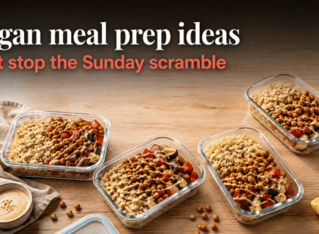 vegan meal prep ideas in glass containers with quinoa, roasted chickpeas, and tahini sauce