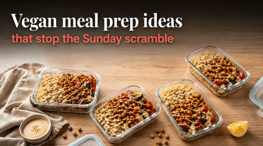 vegan meal prep ideas in glass containers with quinoa, roasted chickpeas, and tahini sauce