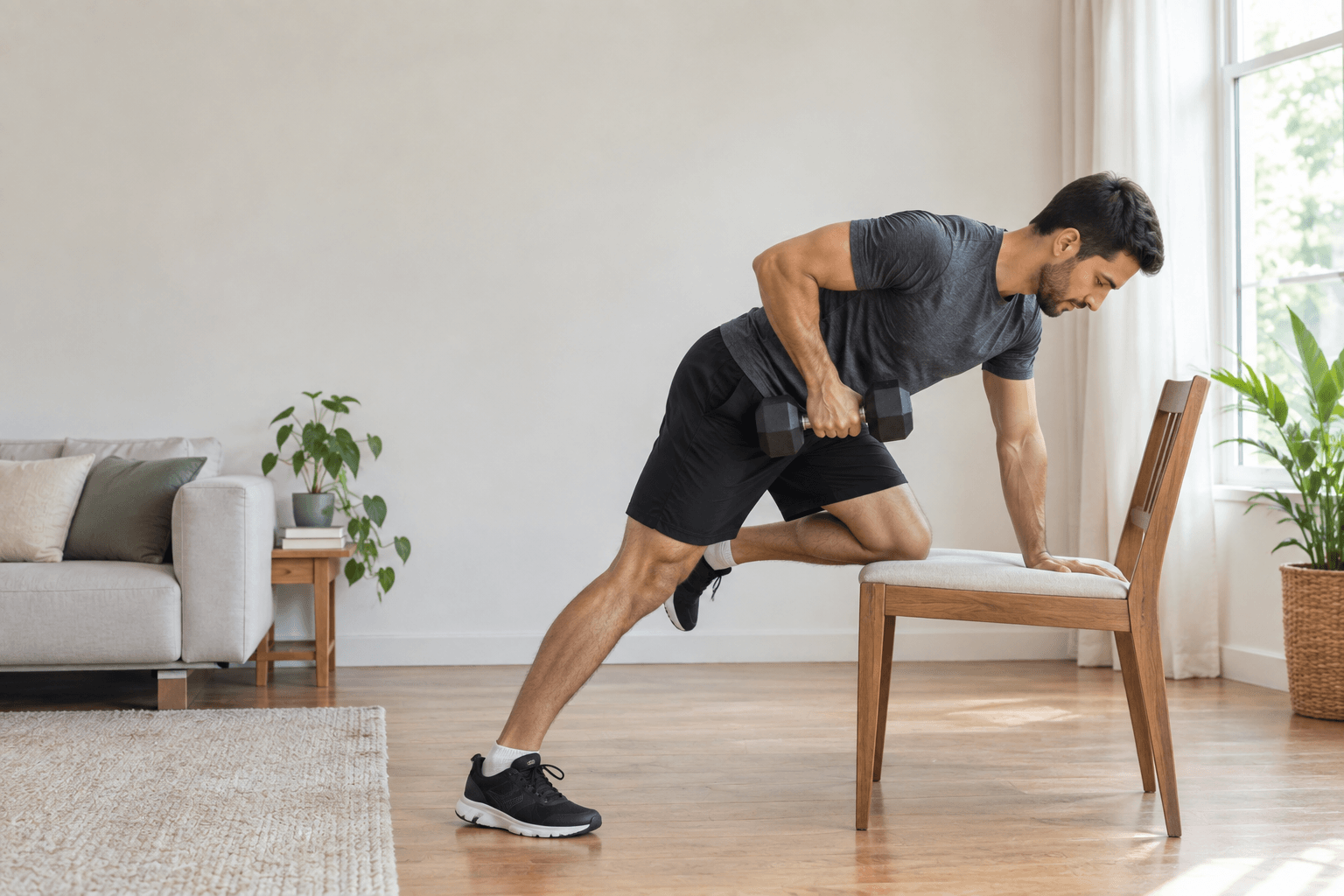 Person performing a furniture-assisted row using a sturdy chair during a bodyweight back workout