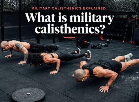 Group performing synchronized push-ups outdoors as an example of military calisthenics