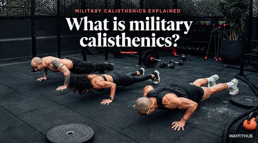 Group performing synchronized push-ups outdoors as an example of military calisthenics
