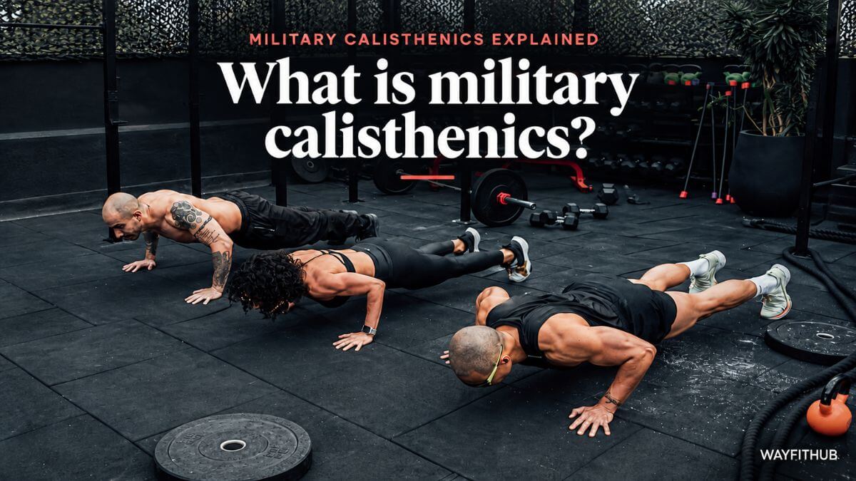 Group performing synchronized push-ups outdoors as an example of military calisthenics