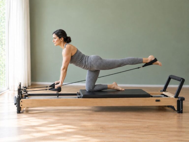 Woman doing a glute kickback on a Pilates board