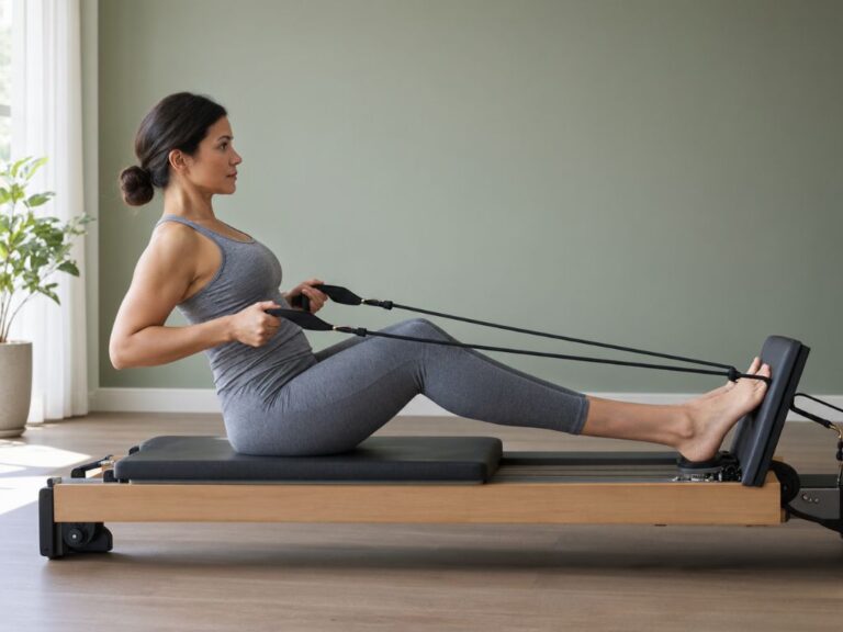 Woman doing a seated row on a Pilates board
