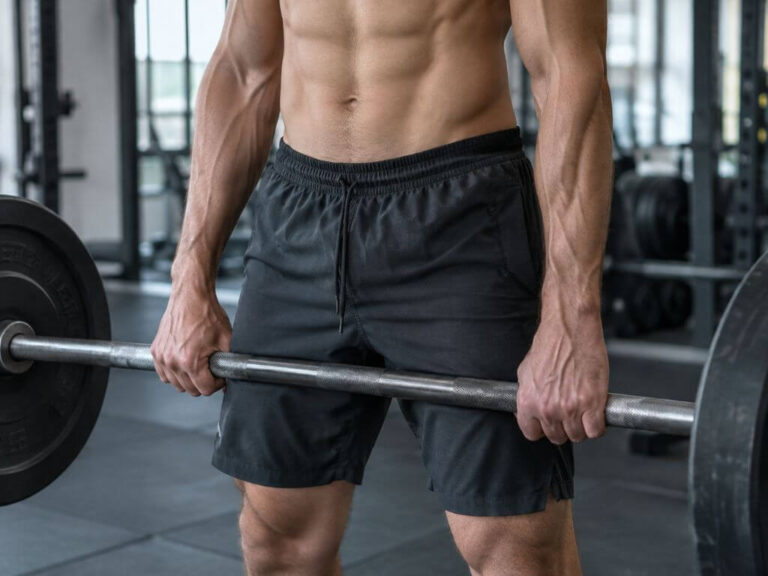 Close-up of a braced core mid-deadlift, demonstrating the Valsalva technique discussed for varicocele, squats and deadlifts
