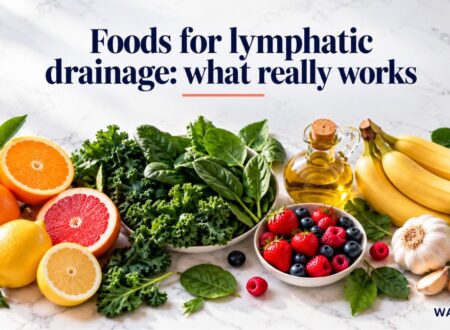 Foods for lymphatic drainage including citrus, leafy greens, olive oil and berries