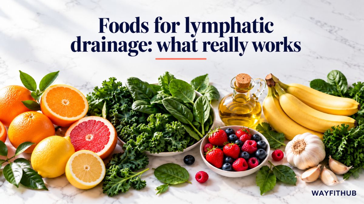 Foods for lymphatic drainage including citrus, leafy greens, olive oil and berries