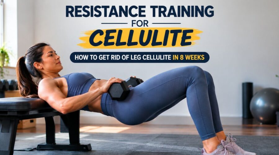 woman performing a dumbbell hip thrust as part of a resistance training routine for cellulite