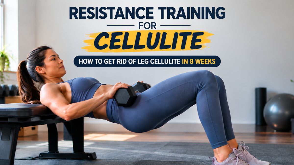 woman performing a dumbbell hip thrust as part of a resistance training routine for cellulite