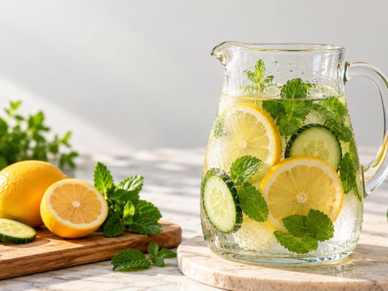 Water infused with lemon, cucumber and mint supports lymphatic drainage hydration