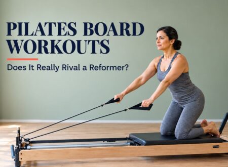 Woman doing a Pilates board workout at home as a reformer alternative
